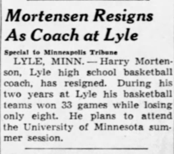 Mortensen Resigns As Coach at Lyle Lyle Historical Society
